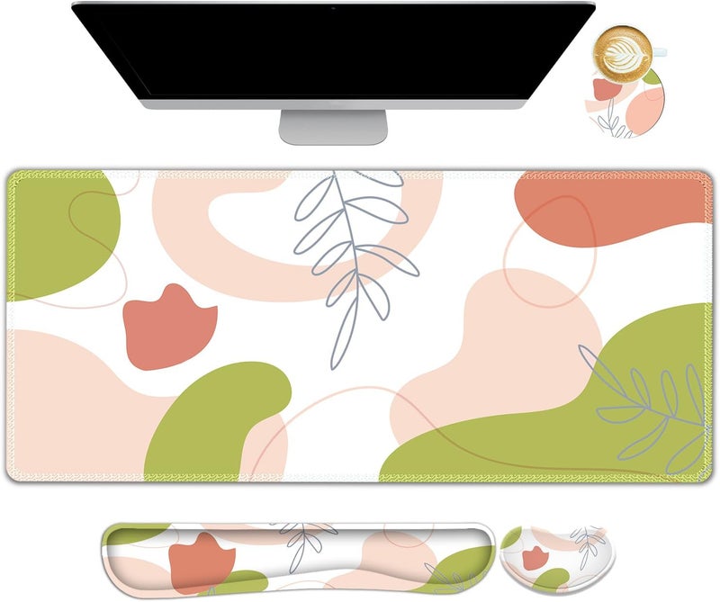 AIMSA Keyboard & Mouse Pad Set, Extended Desk Mat + Ergonomic Mouse & Keyboard Wrist Rest Support, 35x15.7in Abstract Green Pink Art - Image 1